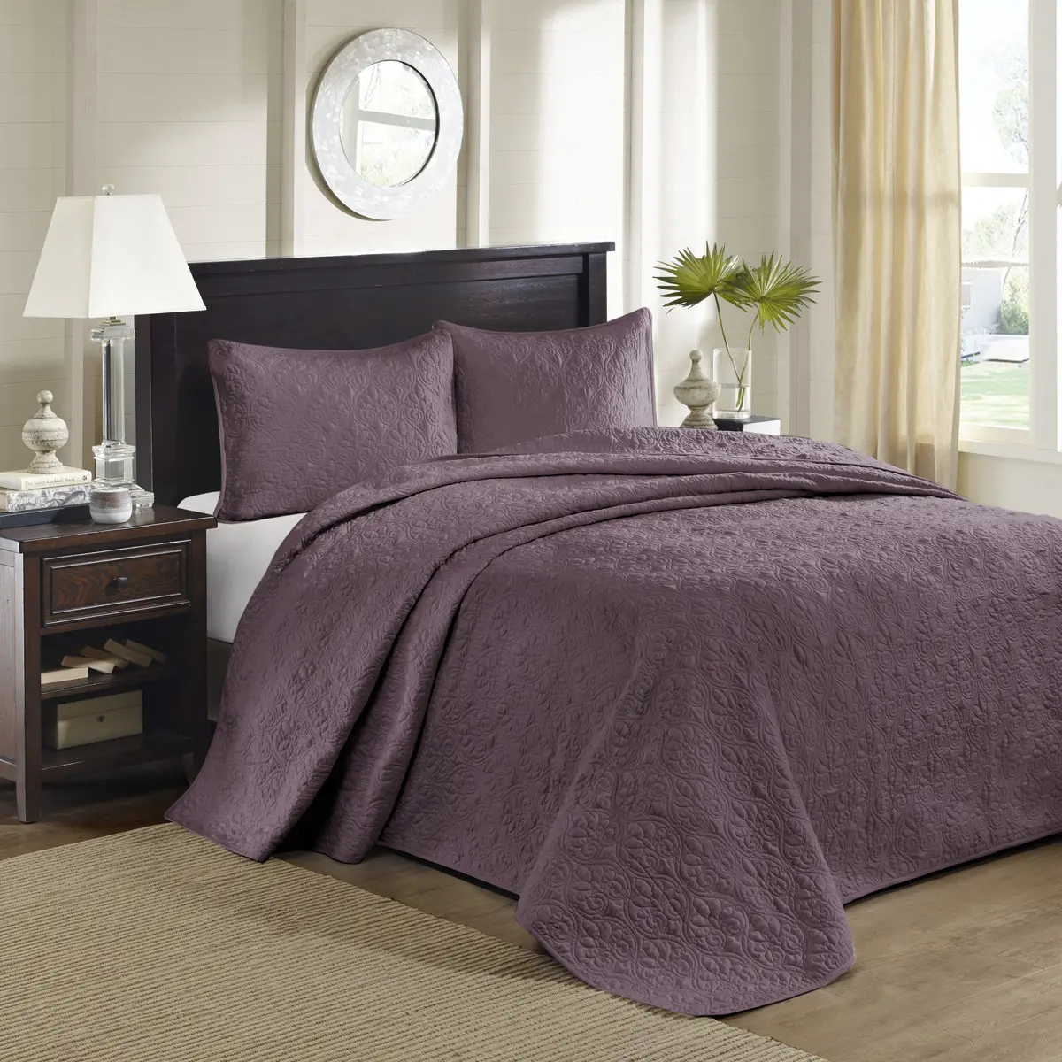 Nokaa Reversible Bedspread Set King Size Purple Cotton Quilted Coverlet Bedding with Pillow Shams, Oversized Drape for Deep Mattress, Anti-Microbial Treatment, Machine Washable