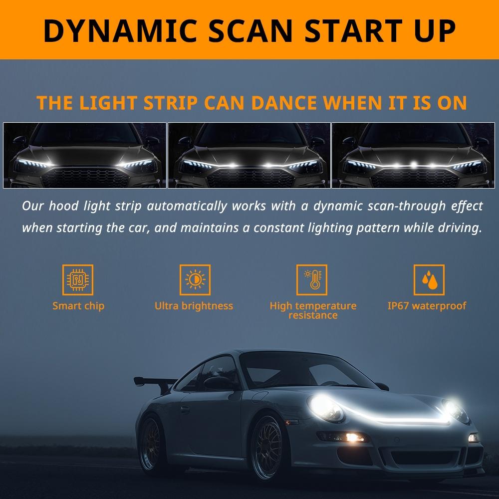 Dynamic Scan StartUp Car Light Strip, White 71 79 87 inches Waterproof Soft Silicone LED Strip, Easy Installation Manual Included, Led Car Lights