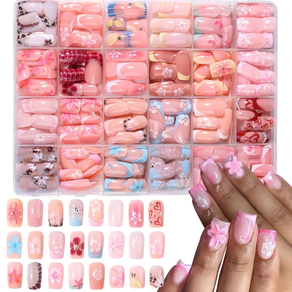 576pcs Short Square French Press-On Decorative Nails, 3D Gel Flower Peony Nail Art with Polka-Dot and Leopard Patterns, Acrylic False Nail Set