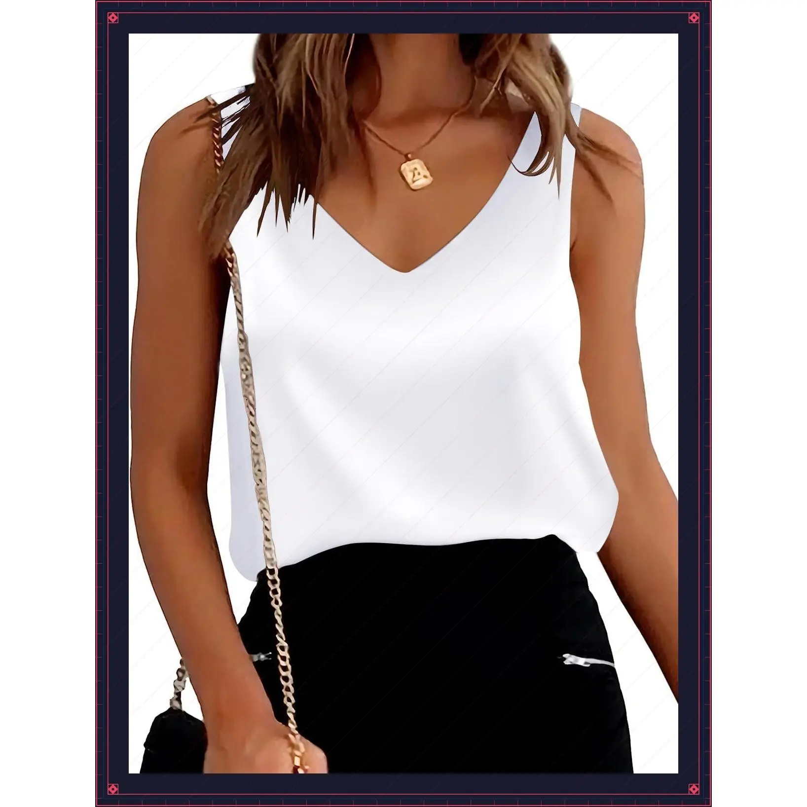 Women's Satin Tank Top Loose Fit Sleeveless V Neck Cami Blouse ShirtGift