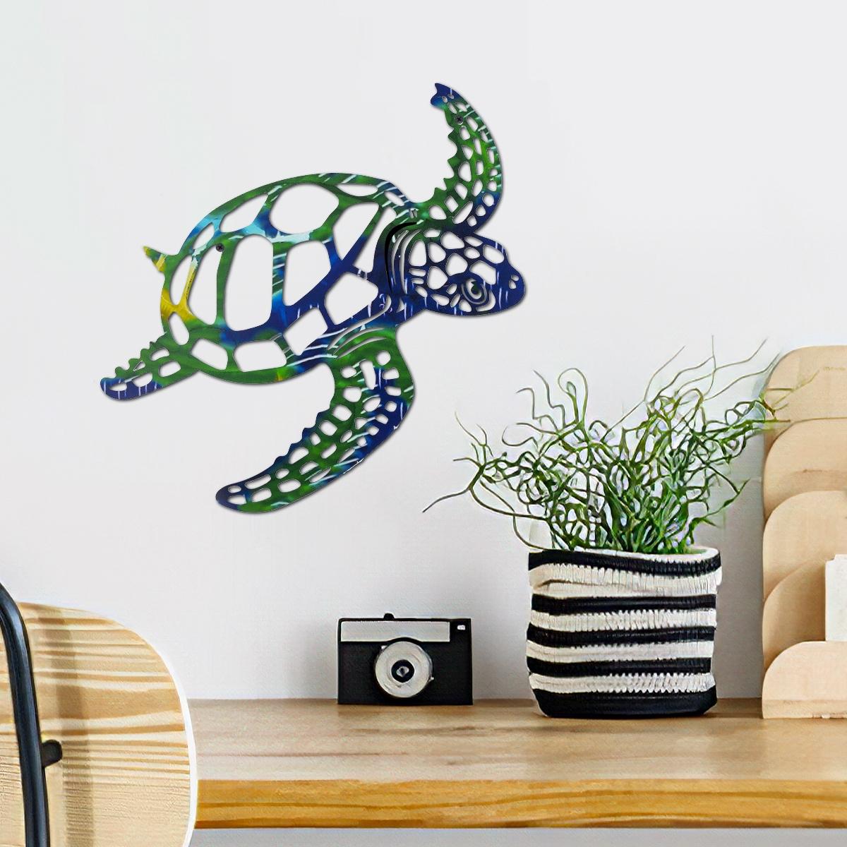 Modern Creative Iron Turtle Wall Decor, Colorful Painted Art Lines Design, Bathroom Beach Wall Tropical Ocean Wind Hanging Decoration, Modern Home Decoration