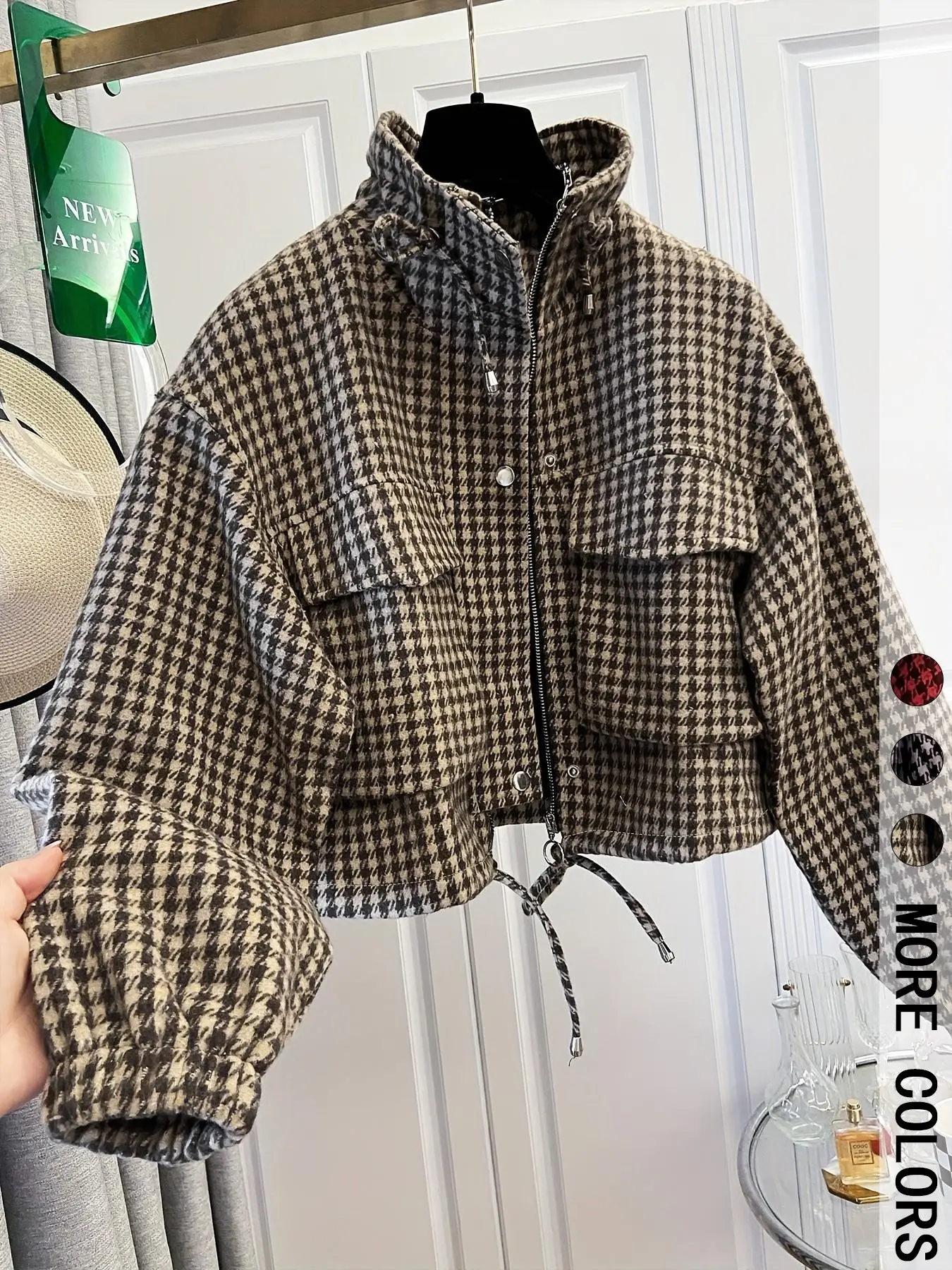 Women's Drawstring Pocket Design Zipper Plaid Jacket, Loose Fit Fashion Casual Top, Stylish Outerwear for Everyday Wear, Trendy and Versatile Clothing