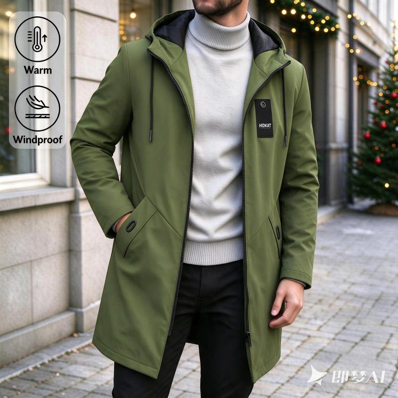 Men's Mid-Length Hooded Parka Coat - Thick, Warm, Windproof Plus Size Padded Full-Zip Menswear with Drawstring Hood, Casual Business Outerwear for Daily Commute & Outdoor Winter Wear
