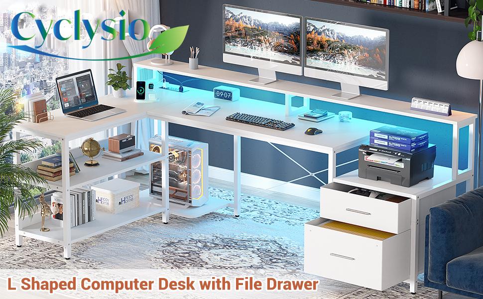 Cyclysio Reversible L Shaped Computer Desk with Fabric File Drawer & Monitor Stand, Home Office Desk Corner Desk with Power Outlet ＆ Storage Shelf, Gaming Desk with LED Strip
