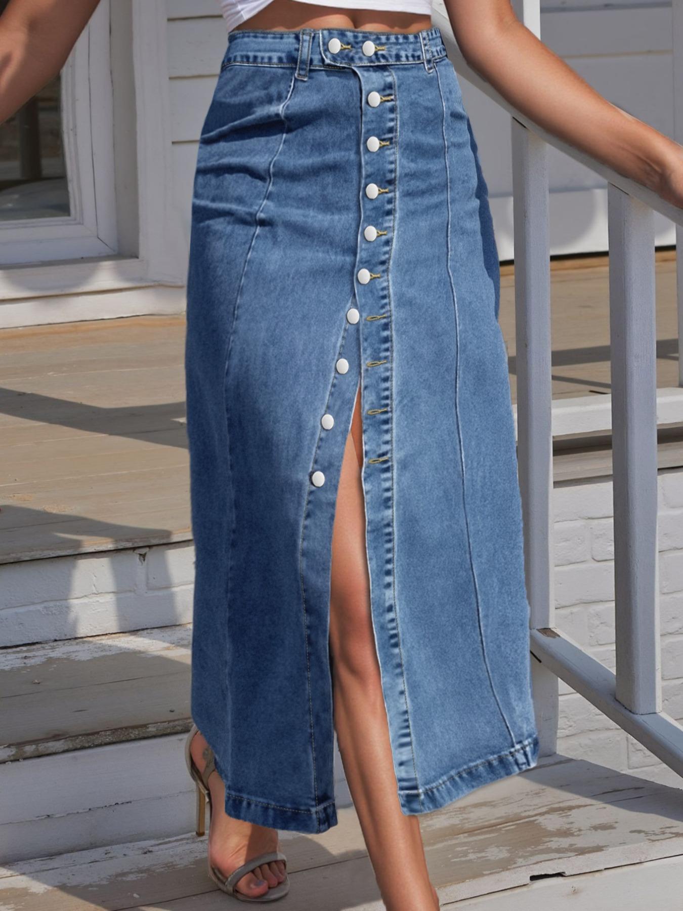 Elastic Washed Casual Button Fly Denim Midi Skirt for Women, All Seasons Wearable, Versatile Everyday Fashion for Daily and Dates Elastic Washed Casual Button Fly Denim Midi Skirt for Women, All Seasons Wearable, Versatile Everyday Fashion for Daily and Dates