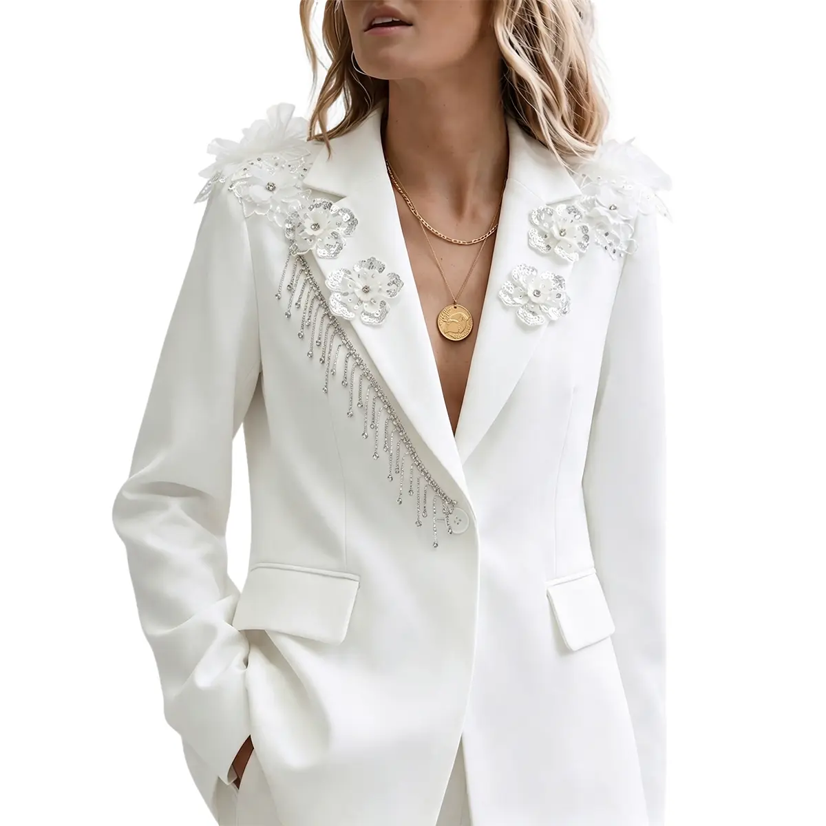 Women White Lapel Blazer 3D Sequin Flower Feather Rhinestone Tassel Fringe Decor Long Sleeve One Button Luxury Wedding Party Formal Suit Jacket