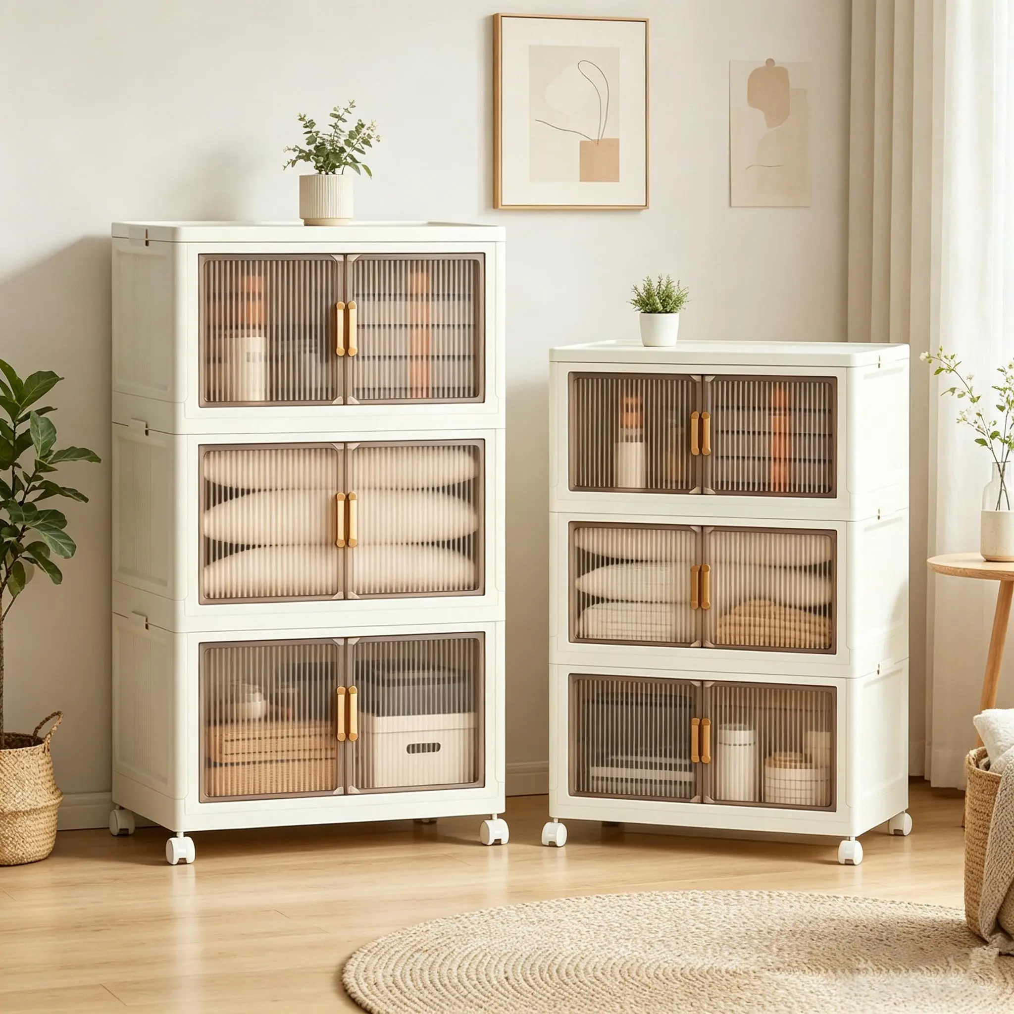 Sturdy Plastic Home Storage Cabinet - No-Assembly Movable Closet Storage Unit with Transparent Door, Stackable Multi-Size Large-Capacity Organizer with Wheels for Living Room Kids’ Toys, Cabinet And Storage, Furniture Storage