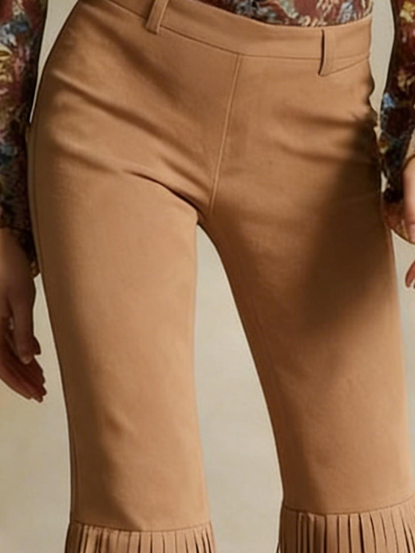 Women's Elegant Retro Textured Suede Style Bootcut Pants Slim Leg Fit, Long Fringed Hem Country Music Festival Daywear Cowgirl Style