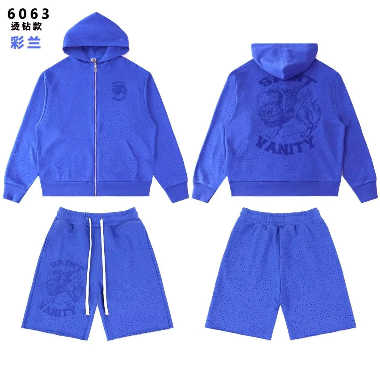 SAINT VANITY Washed Hoodie & Shorts Set for Men, Rhinestone Hotfix Streetwear Tracksuit, Oversized Pullover Hoodie Matching Sweat Shorts, Premium Cotton Casual Sportswear Outfit, Hip Hop Y2K Urban Fashion Two Piece Set