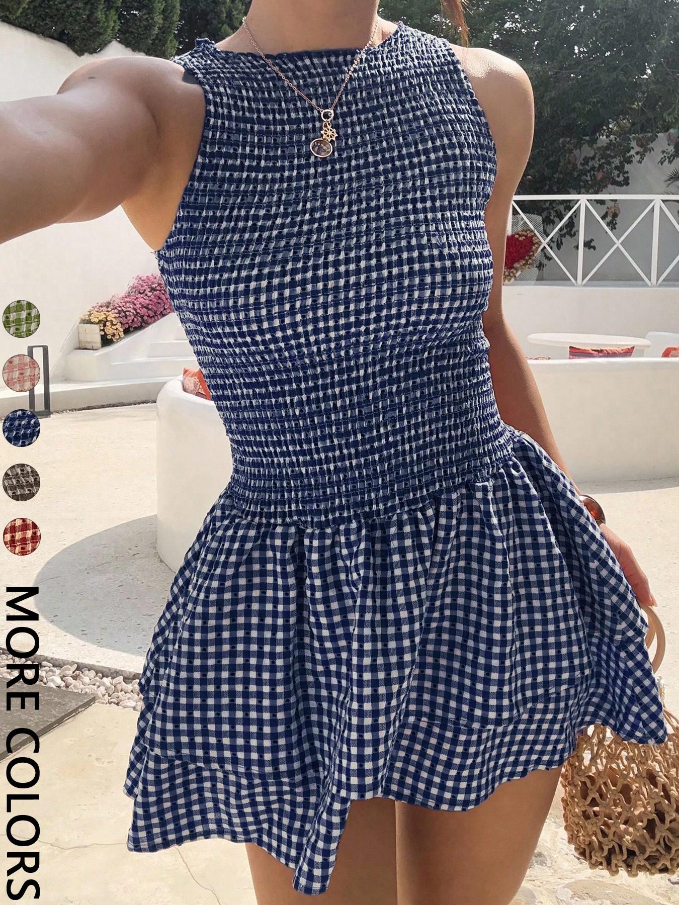 Women's Casual Sleeveless Short Dress, Plaid Pattern, Fitted Style, Perfect for Daily Wear, Comfortable and Stylish
