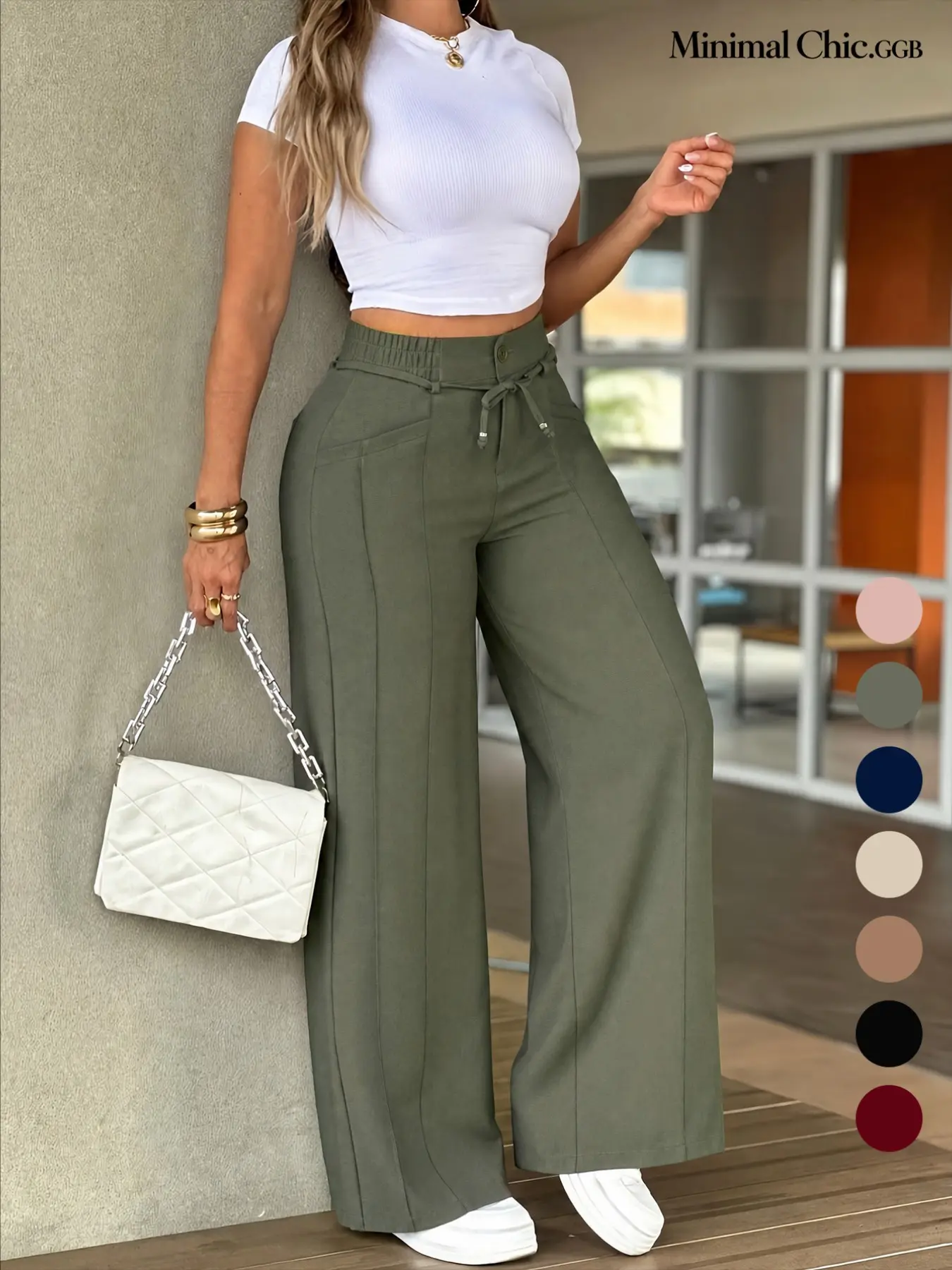 Women's High-Waisted Wide-Leg Pants with Drawstring, Slim-Fitting Casual Pants, All-Season Plain Design, Versatile and Comfortable