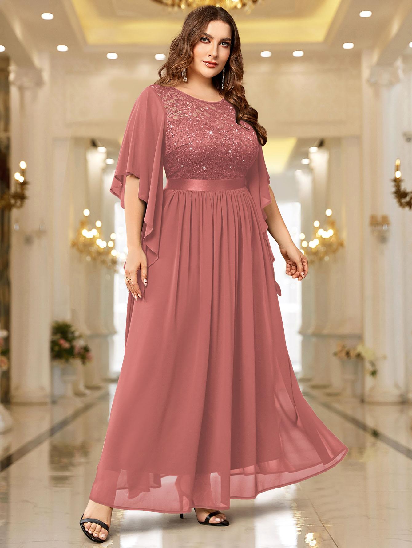 Miusol P83099 Plus Size Women's Sequin Floral Lace Chiffon Flare Sleeve Formal Dress Elegant Evening Gown All Seasons Party dress,Evening dress Normal Type  Womenswear Maxi Dress SpringStatements