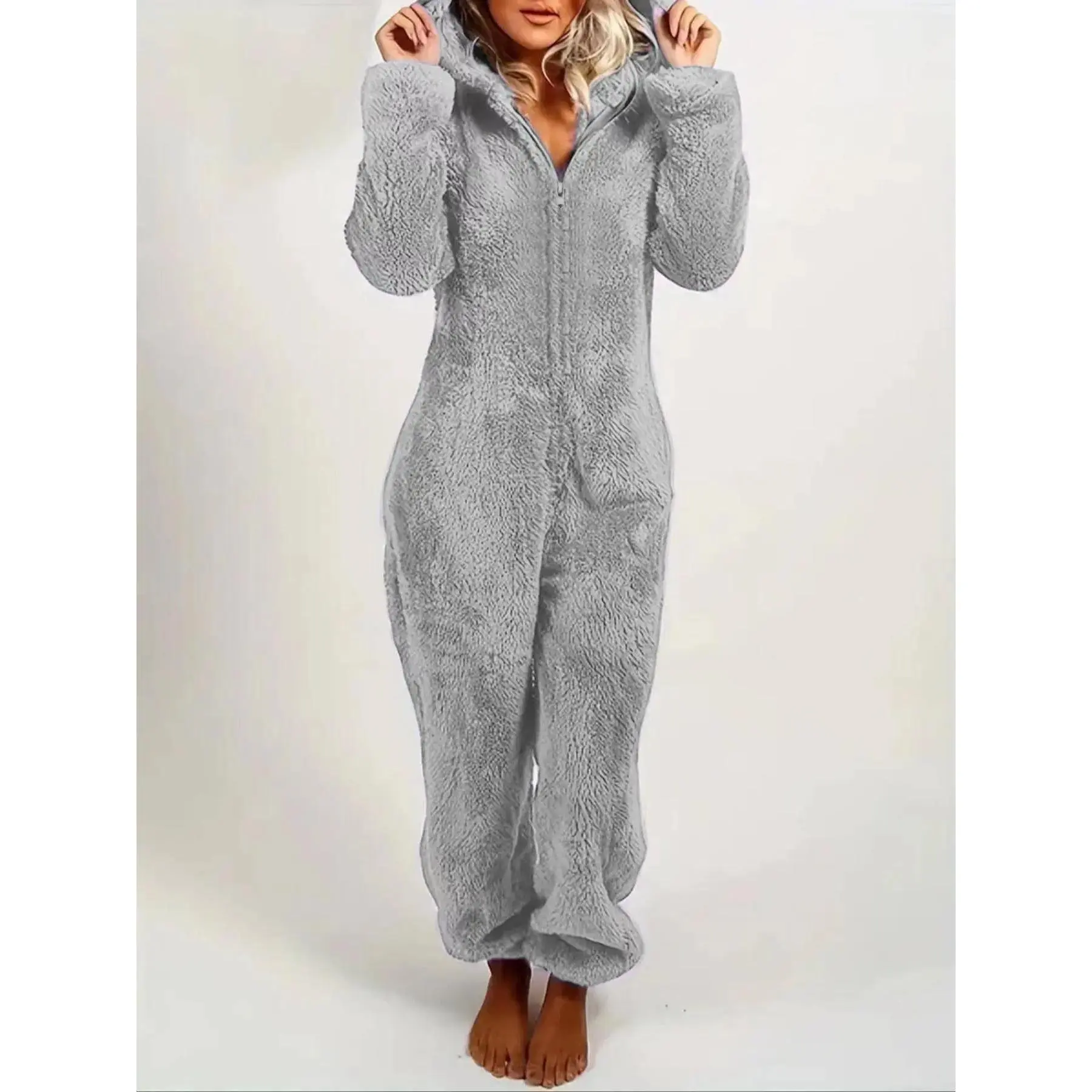 Women's Solid Zipper Hooded Plush Pajama Jumpsuit, Casual Long Sleeve Teddy Bear Ear Design Jumpsuit for Fall & Winter, Women's Sleepwear for Indoor Wear, Fluffy Lady Pajamas, Loungewear, Homewear, Cozy Wear, Pjs, Pajama Onesies Princess Unicorn Dress Gir