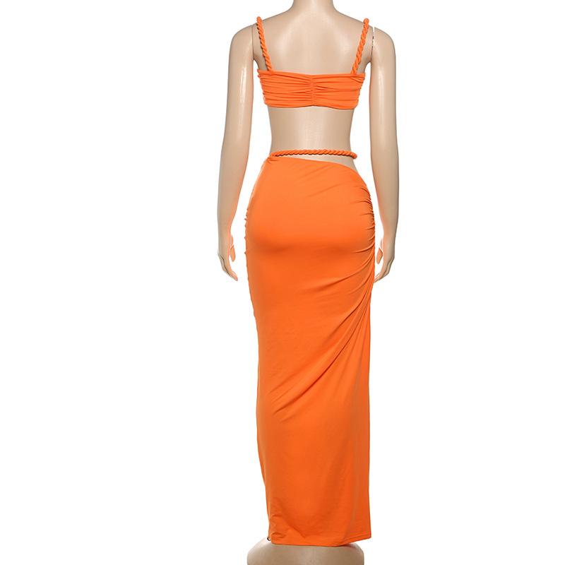 DOUCIU Multicolor Summer Beach Vacation Cool Light Sexy Hot Thin Women's Twisted Spaghetti Strap Vest Skirt Two-Piece Set, Lady Clothes, Plain Skirt Set