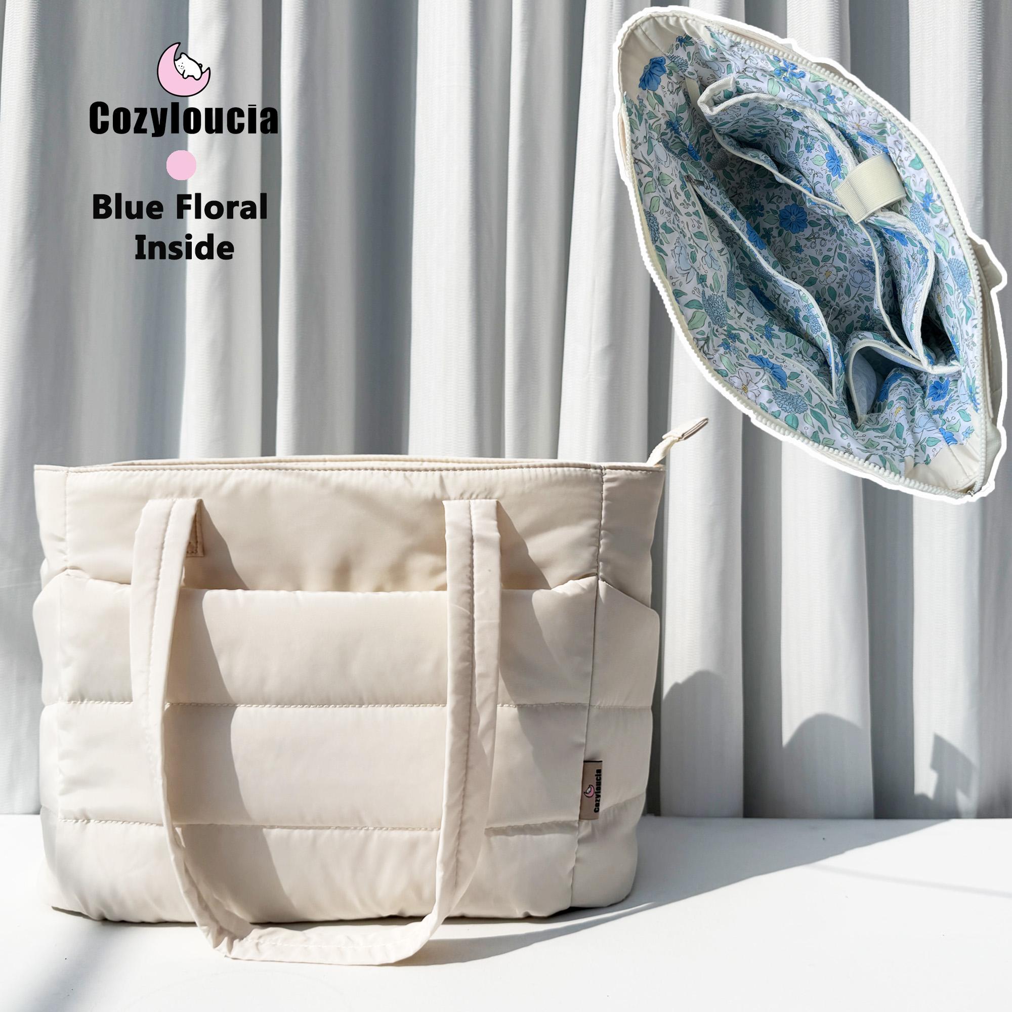 CozyLoucia Cute Puffer Tote Bag for Women Pink Flower Print Interior Laptop Shoulder Handbag, Lightweight Best Tote Bag for Work with Multiple Compartments for Travel , Work  and School ,Christmas Gift Ideas