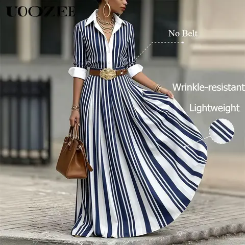 UOOZEE Women's Striped Printed Collared Neck Polyester 3/4 Sleeve Button Front Contrast Color Loose A-Line Maxi Dress - Machine Washable, No Belt, for Casual Office Daily Wear, Striped Printed Dress, Long Dresses For Women