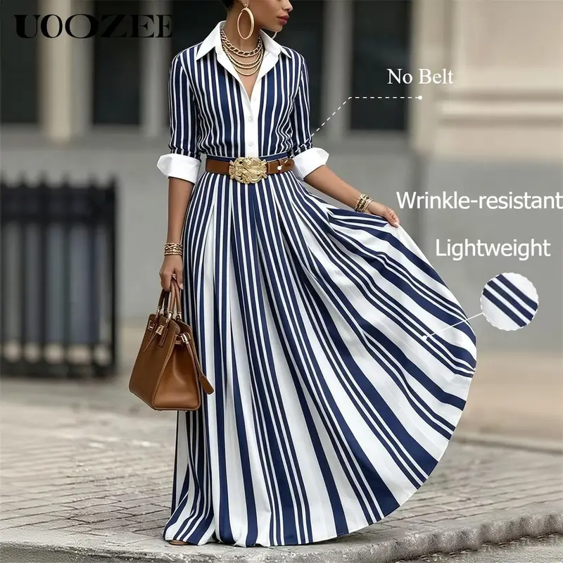 UOOZEE Women's Striped Printed Collared Neck Polyester 3/4 Sleeve Button Front Contrast Color Loose A-Line Maxi Dress - Machine Washable, No Belt, for Casual Office Daily Wear, Striped Printed Dress, Long Dresses For Women
