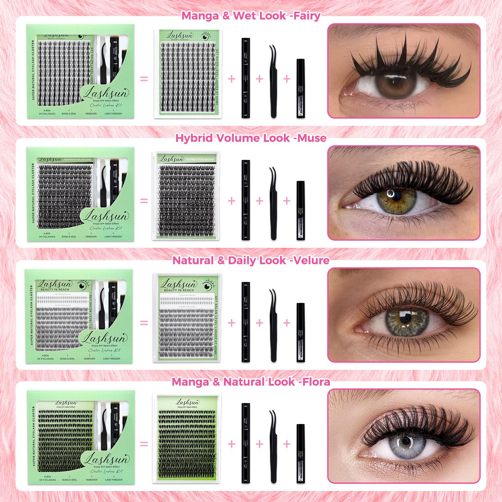 LASHSUN Clusters Lashes Kit with Ultra-Dense, Waterproof, Long-Lasting Lashes | Velure, Fairy, Flora, Muse | Natural Daily, Manga&Wet Look, Manga&Natural Style, Hybrid Volume Look | Beginner-Friendly, Kit with Bond & Seal,Tweezers and Remover