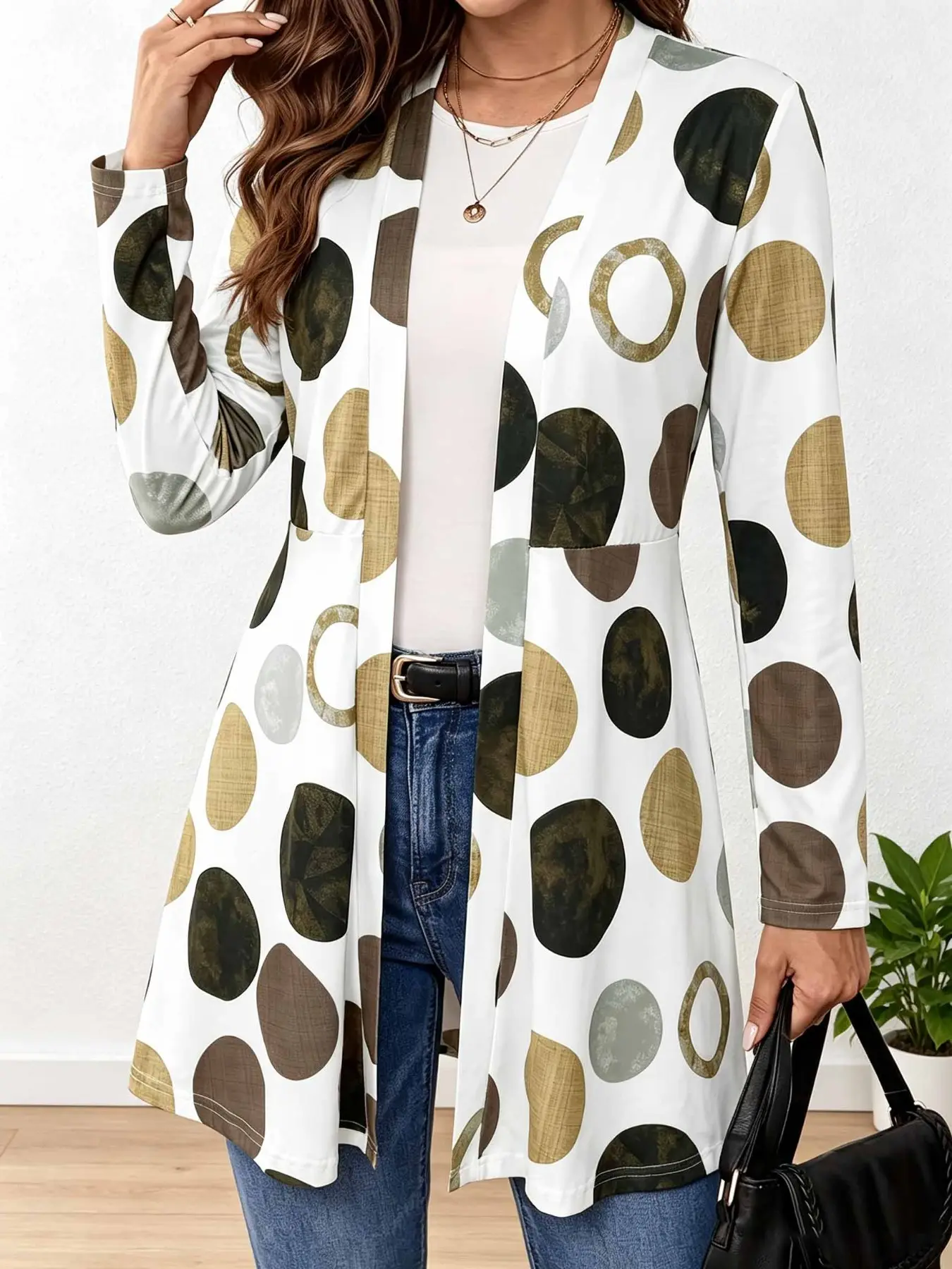 Women Earth Tone Irregular Polka Dot Print Long Cardigan, Open Front Long Sleeve Loose Soft Drape Casual Daily Commute Layering Cover Up Outerwear，Long Cardigan、Open Front Cardigan、Layering Top、Polka Dot Print、Casual Outerwear、Office Cardigan、Drape Cardig