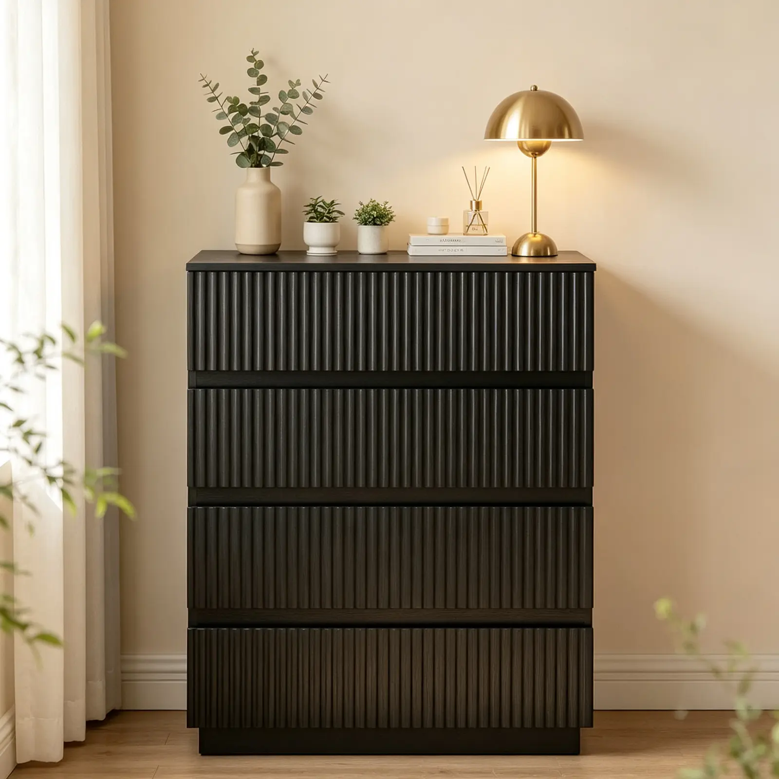 Black 4-Drawer Bedside Table with Handleless Grille Finish - 30.7" Thermoformed Fluted Drawer Dresser Cabinet, P2 Particleboard & MDF Nightstand