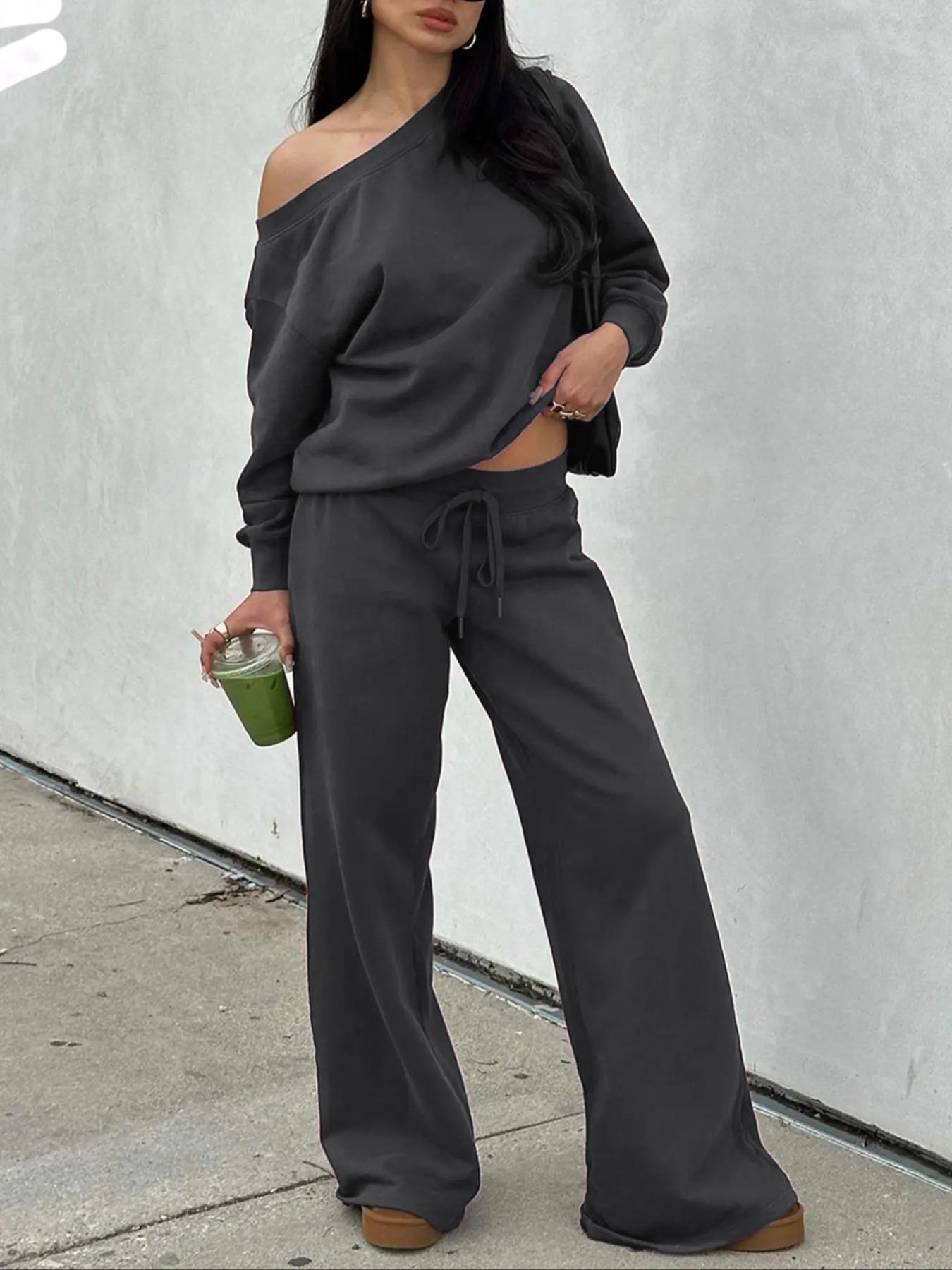 Casual Two-Piece Set, One-Shoulder Long Sleeve Fitted Top + Wide-Leg Pants, Streetwear & Daily Wear, Comfortable & Stylish Design