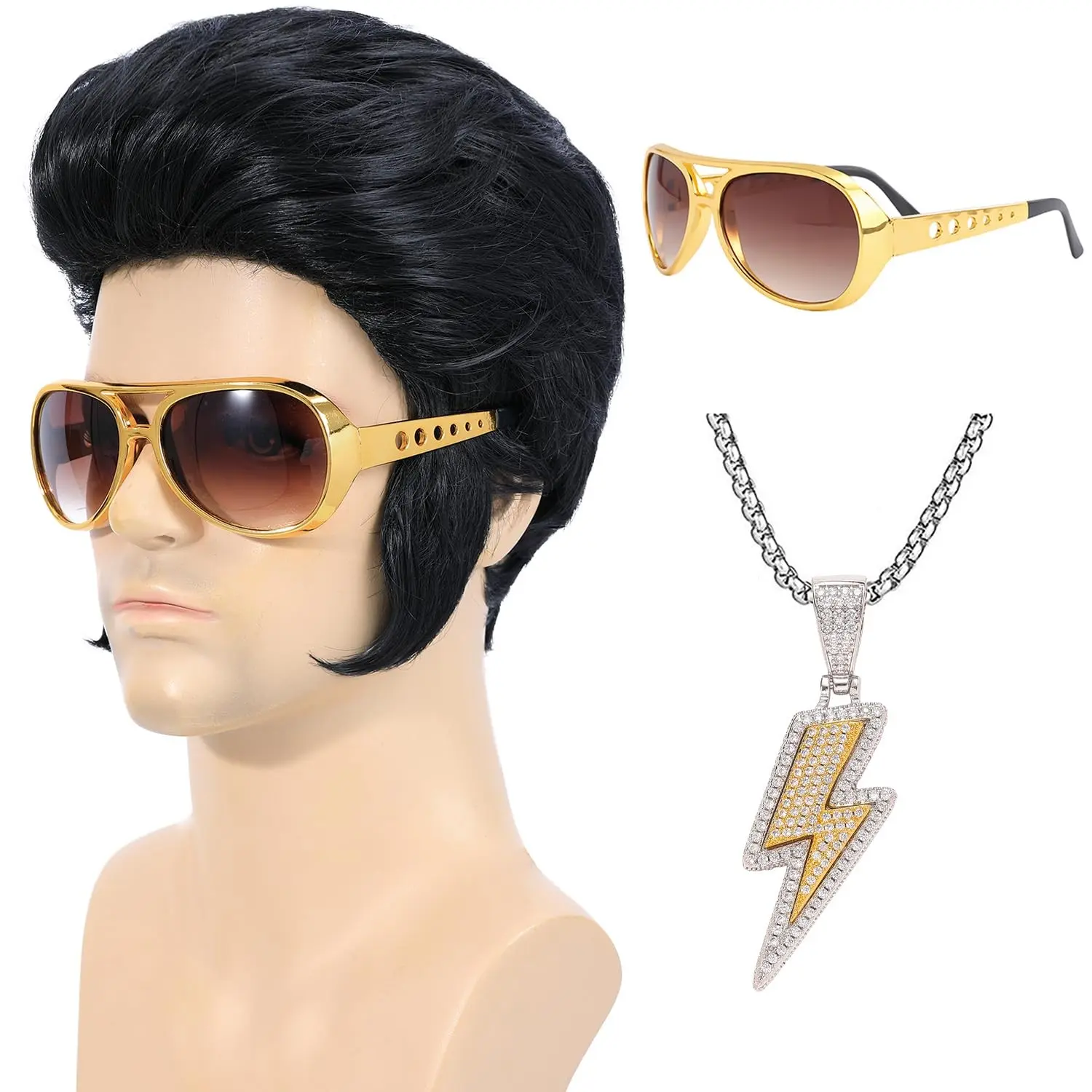 4-Piece 50s Rock Wig Set with Sunglasses and Necklace for Men - Singer Rocker Costume Wig for Cosplay Halloween Party AdultsGift