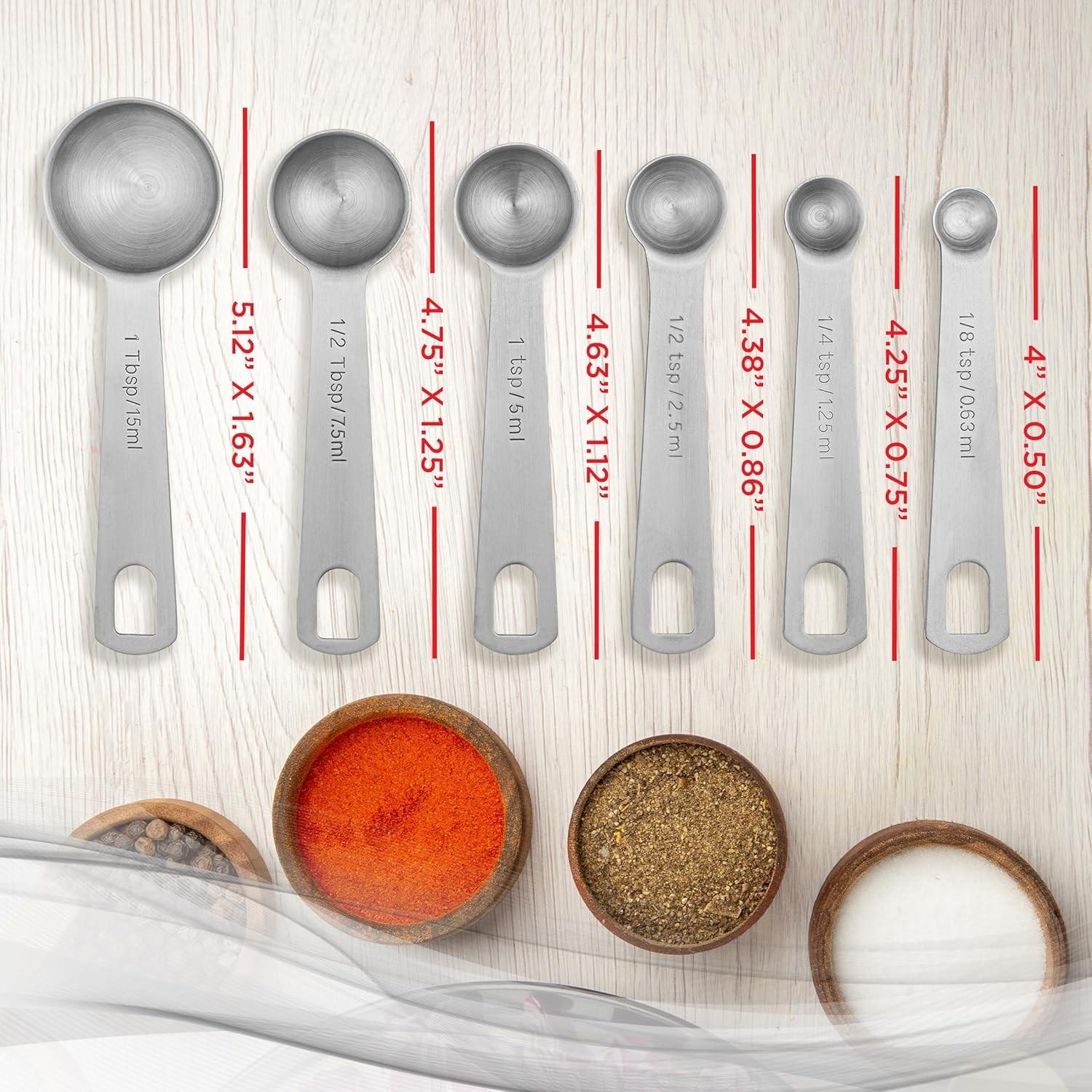 6 Piece Stainless Steel Measuring Spoons Set, Us and Metric Units, Detachable Ring, Dishwasher Safe, Includes 1tbsp, 1tsp, 1/2tbsp, 1/2tsp, 1/4tsp, 1/8tsp.Simplify your kitchen routine with measuring spoons that are dishwasher safe and quick to clean