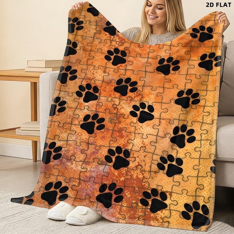 Paw Print Puzzle - Style Throw Blanket, Single - Sided Printed, Multiple Specifications Available, Warm Earthy Gradient Background, Playful Design for Pet Lovers, Ideal for Napping & Home Decor