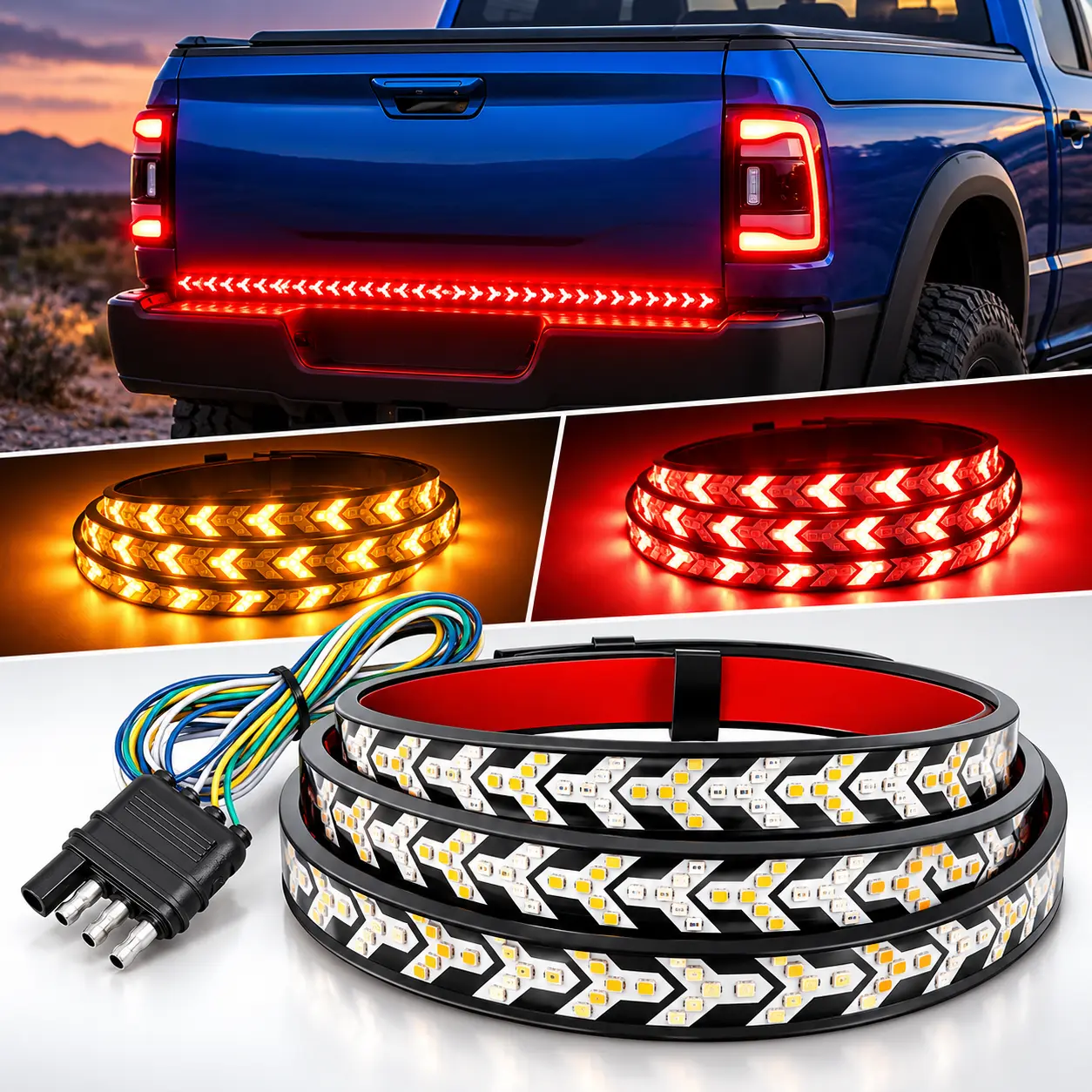 47-Inch LED Tailgate Light Bar for Trucks, Arrow Design Rear Light Strip with Red Running and Brake Lights, Amber Turn Signals and Strobe Function for Pickup Trucks