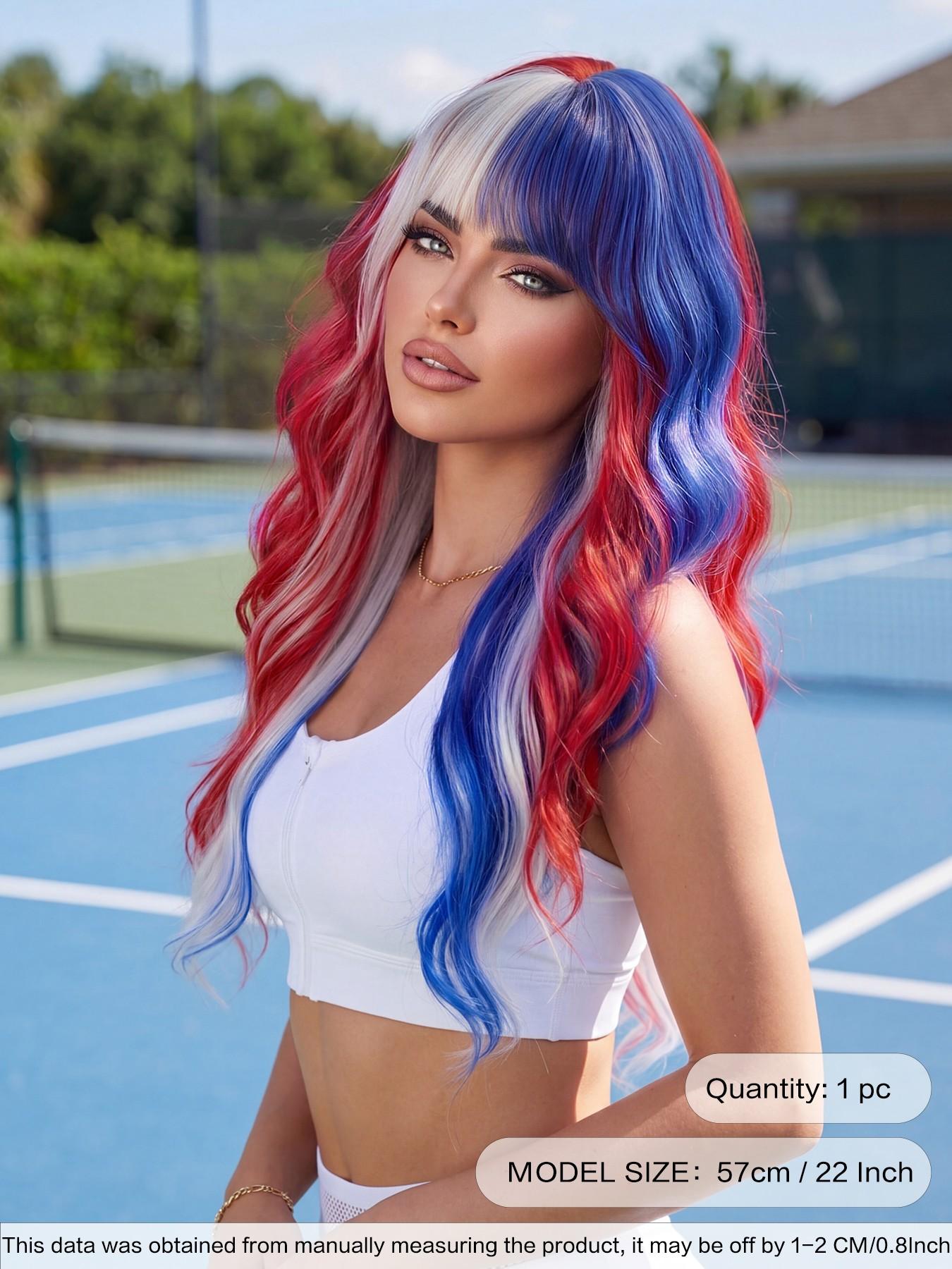 Red White & Blue Wigs for Women 22 Inch Medium Length Wavy Curly Wig with Bangs Synthetic Heat Resistant Wig for festival Fan Zone Support