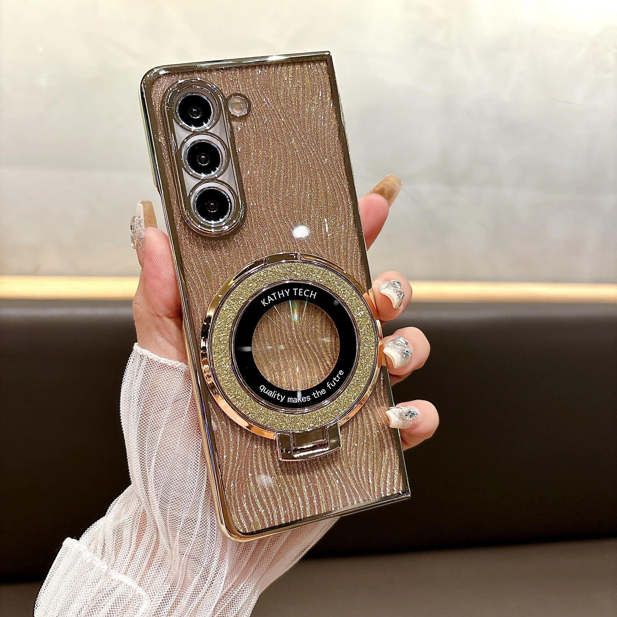 Ring Electroplate Sparkling Phone Case for Samsung Galaxy Z Fold 7 6 5 4 3 Fold6 Fold5 Fold4 Fold7 Magnetic Shockproof  Cover