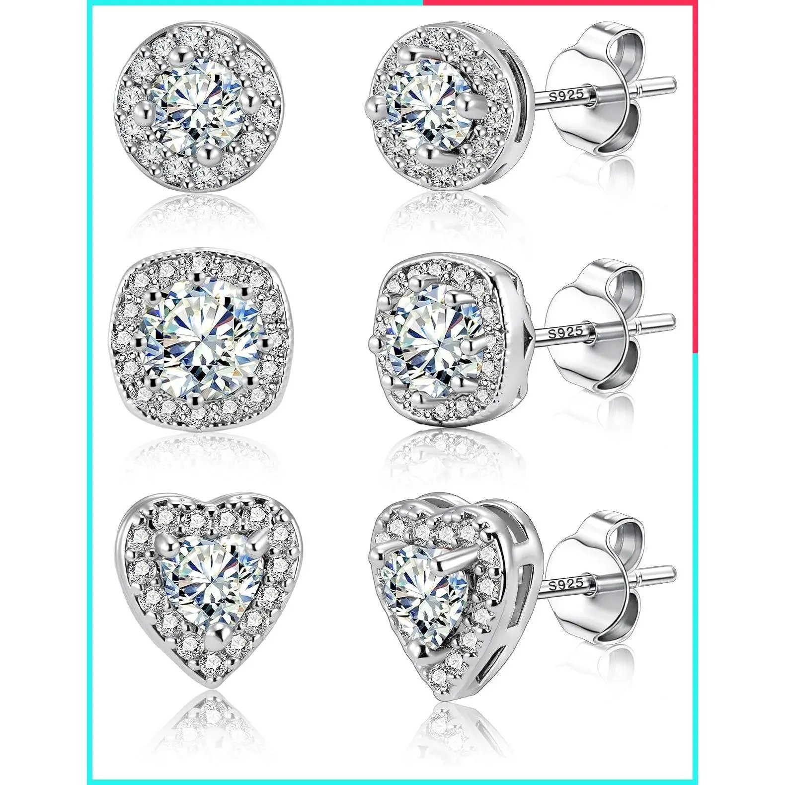 Hypoallergenic Silver Stud Earrings for Women Cubic Zirconia Halo Round Heart Square Diamond Large Stud Earring Set
