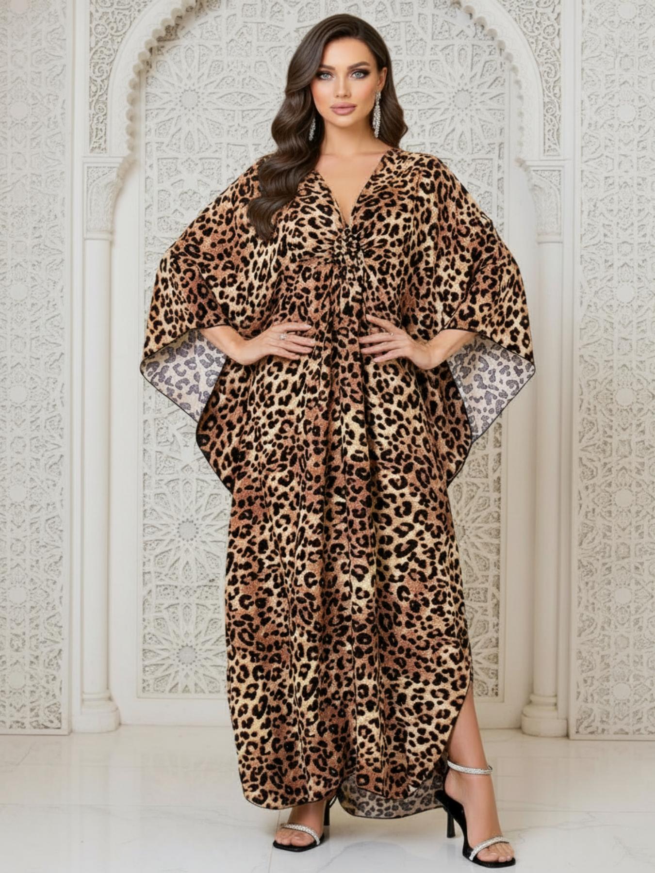 Women's Leopard Print Batwing Sleeve Split Hem Kaftan Dress, Casual Modest Style V-Neck 3/4 Sleeve Long Dress for Fall & Winter, Women's Islamic Clothing for Daily Wear