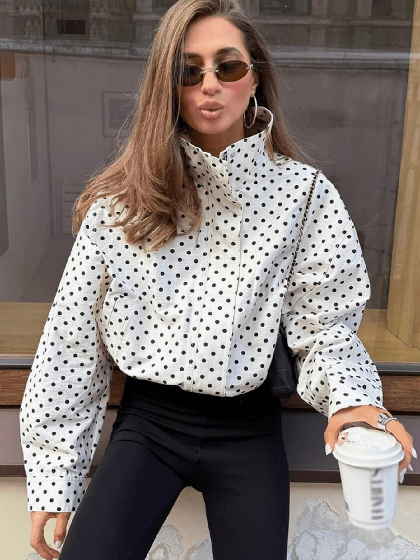 Polka Dot High Neck Women's Spring Jacket Windbreaker Cropped Coat Outdoor Bomber Jackets For Woman Outerwear Streetwear Demi-Season New In Jackets Fashionable Zipper Blue Woman Jackets Polka Dot Casual Jacket Casual Chic Outerwear Womenswear
