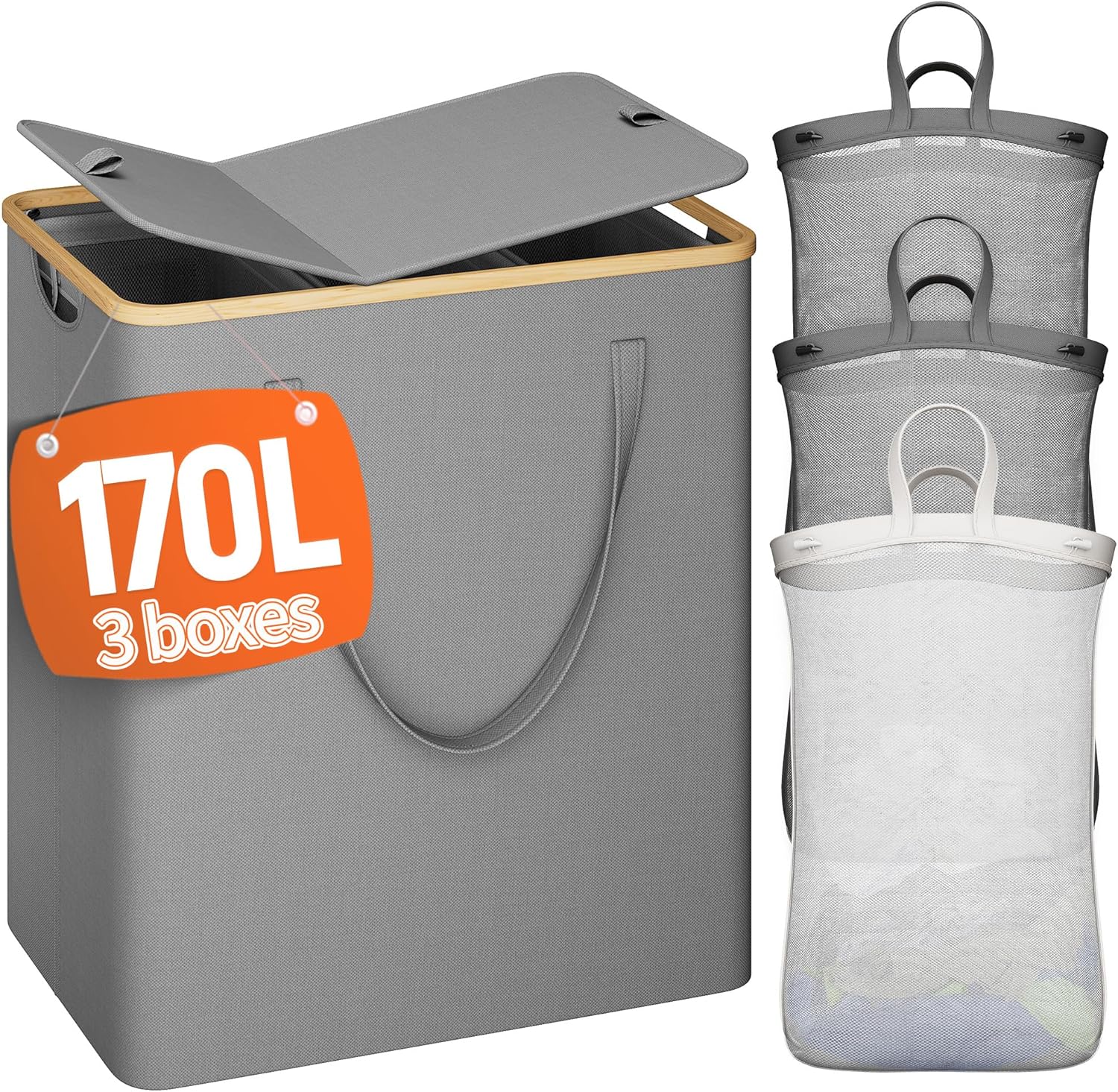 Raybee Furniture Laundry Basket with Lid, 160L-170L Laundry Hamper,2/3 Section Clothes Hamper, Hamper with Lid with Removable & Washable Bags Collapsible Hampers for Bedroom, Aesthetic for Bathroom