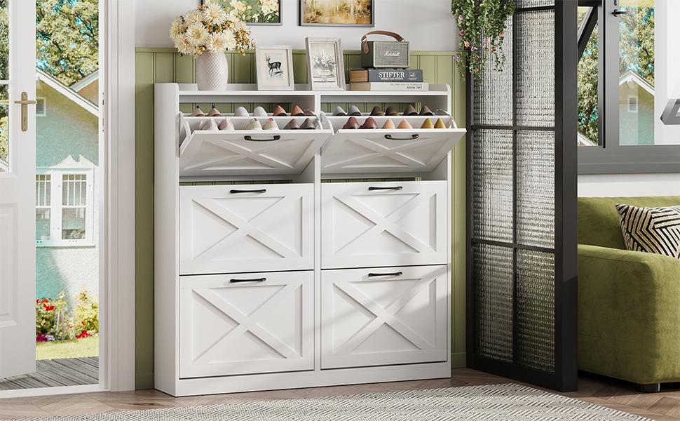 Vabches Large Shoe Storage Cabinet with 6 Flip Drawers, Freestanding Shoe Organizer with Metal Handles for Entryway, Narrow Shoe Rack Cabinet Beige