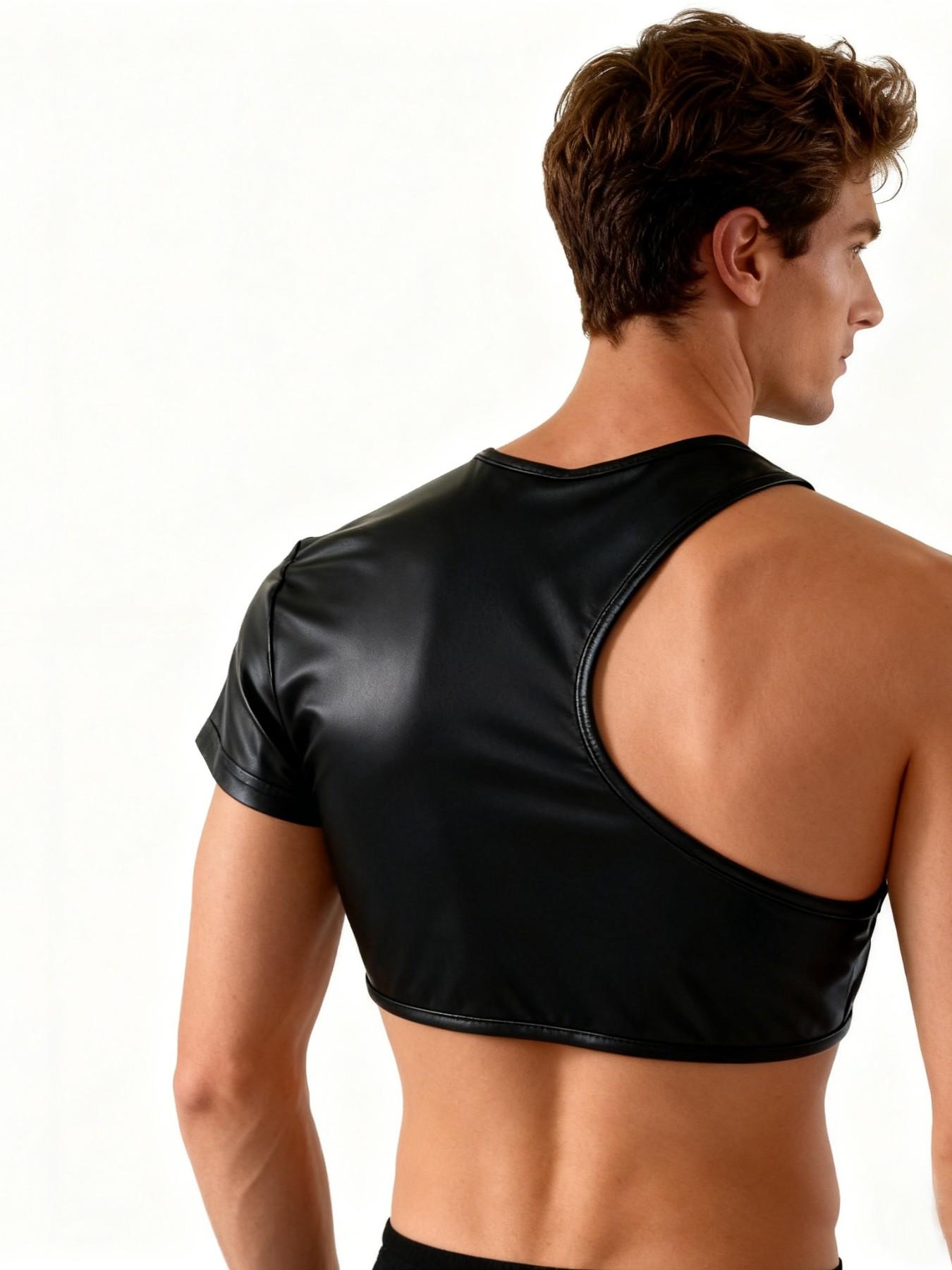 Men's Hollow Out One-Sided Chest Reveal Short Sleeve Top, European and American Style, Stage and Bar Performance Wear