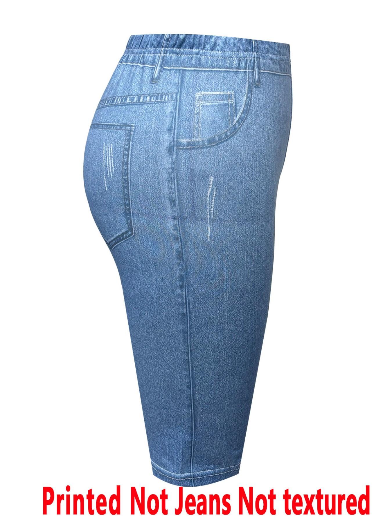 Women's Printed Skinny Pants Non-Denim Fabric, Ladies Half-Length Shorts, Faux Denim Print Bottoms, All Seasons Clothing