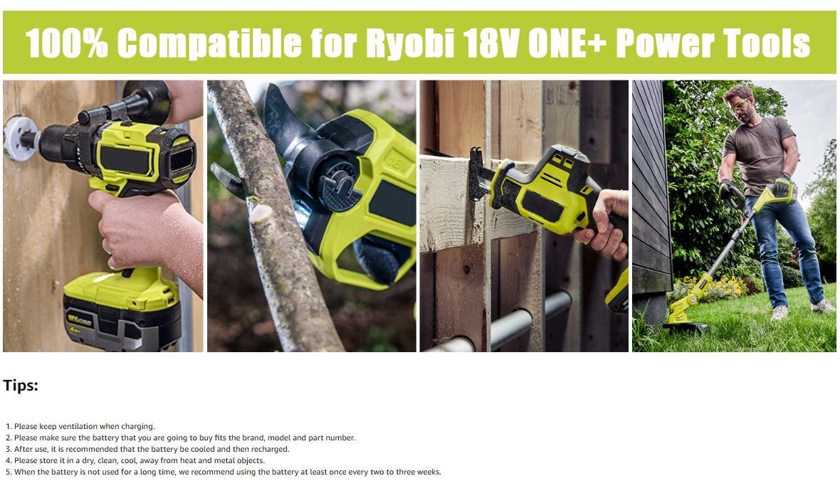 2 Packs 6Ah/8Ah Lithium-ion Replacement Battery for Ryobi 18V Battery Compatible for  Ryobi 18-Volt Cordless Power Tools
