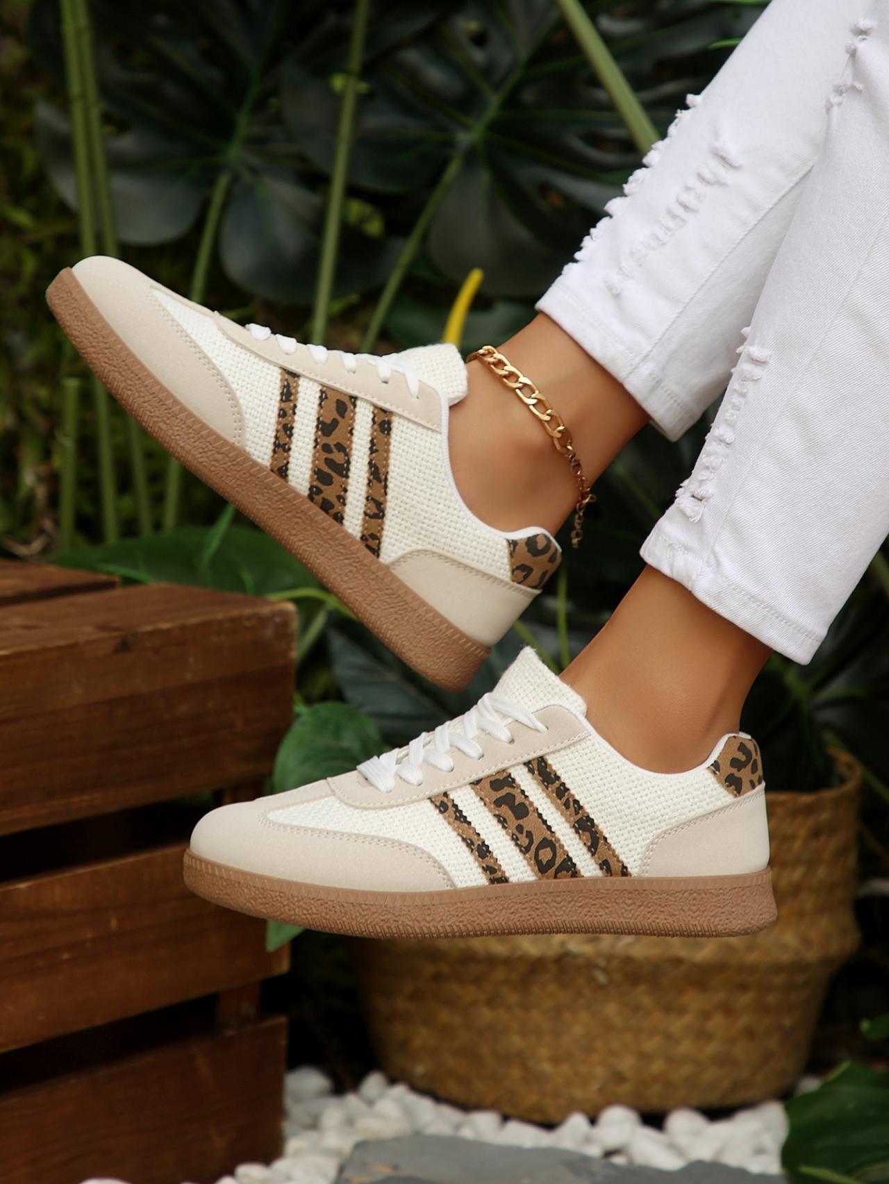 Women's 2.5cm Platform Leopard Print Sneakers, Black/Beige, Retro 3-Stripe Casual Shoes