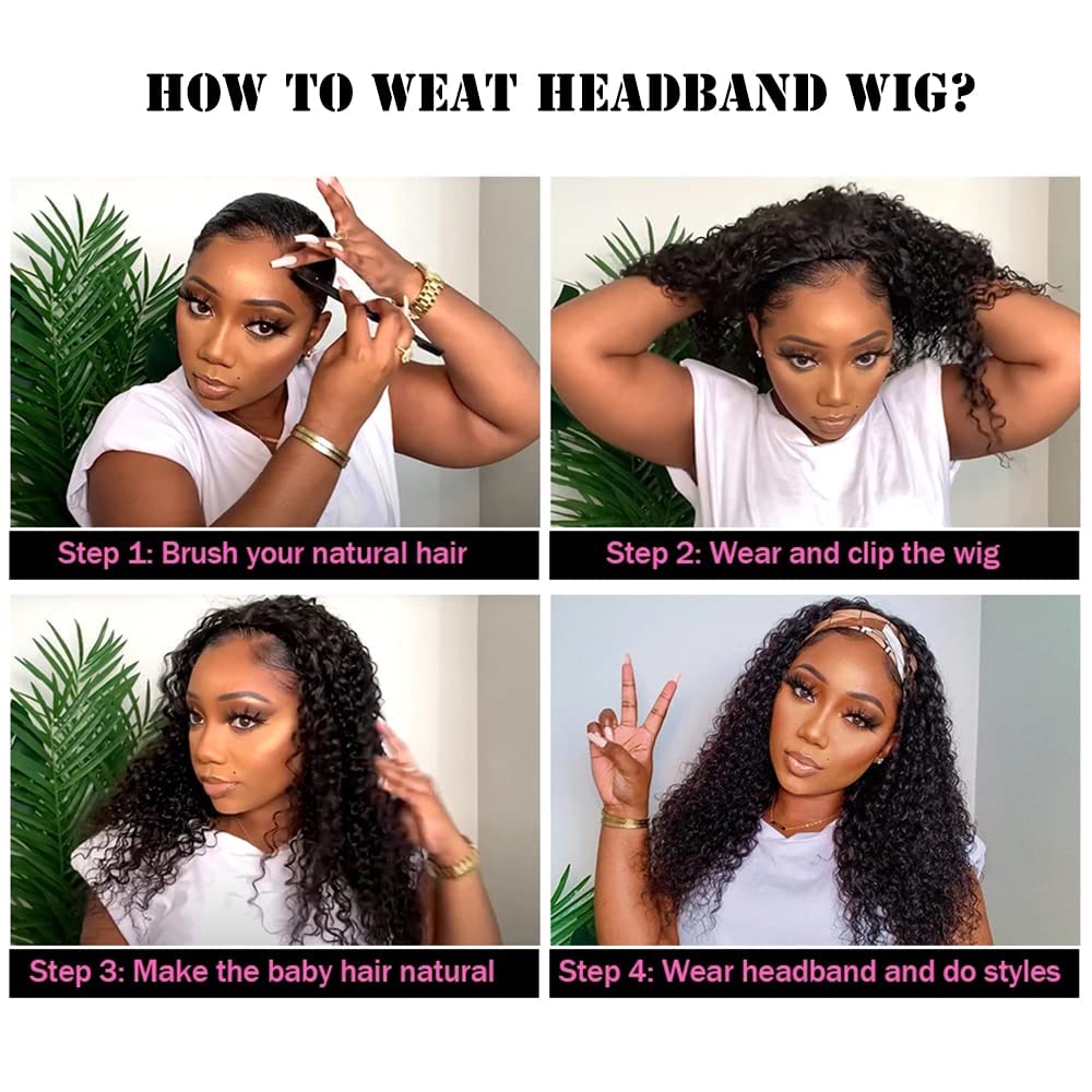 Bling Hair Headband Wig Deep Wave Human Hair None Lace Front Wig Human Hair Machine Made Wigs Glueless Curly Hair Headband Half Wigs for Black Women Human Hair Natural Color