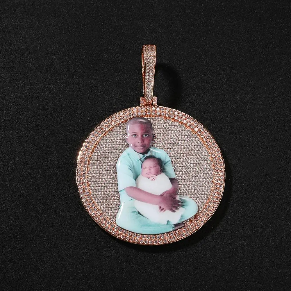 THE BLING KING 3 Sizes Round Medallion Custom Memory Photo Pendant Necklace Paved CZ Engrave Back Men Women Hiphop Jewelry