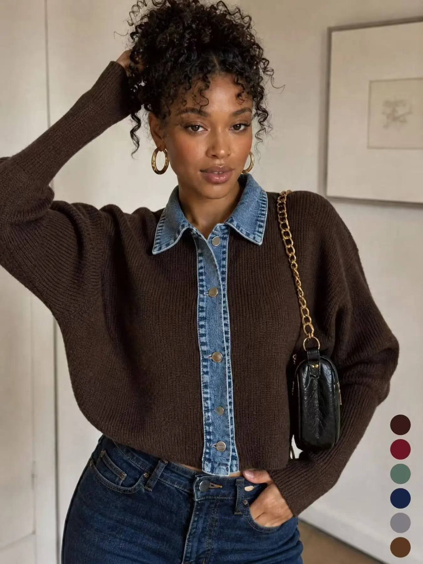 Vintage denim patchwork knit cardigan, women's front zip drop-shoulder long-sleeve fall/winter top, casual loose-fitting sweater, Cozy Casual Top