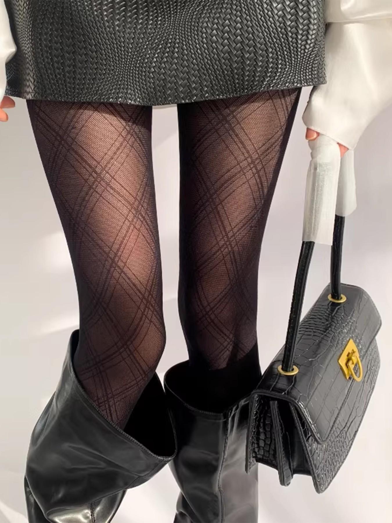 Vintage Plaid Silk Pantyhose, High Waist Slim-Fitting, Fashionable All Seasons Wear, Women's Leggings