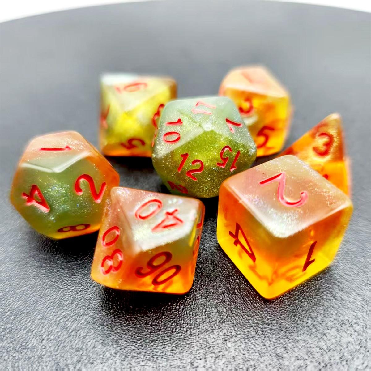 7PCS Polyhedral Dice Set, Green Orange Red DND Dice with Red Numbers, RPG Dice for Dungeons and Dragons, D&D, Pathfinder, MTG, Tabletop Games