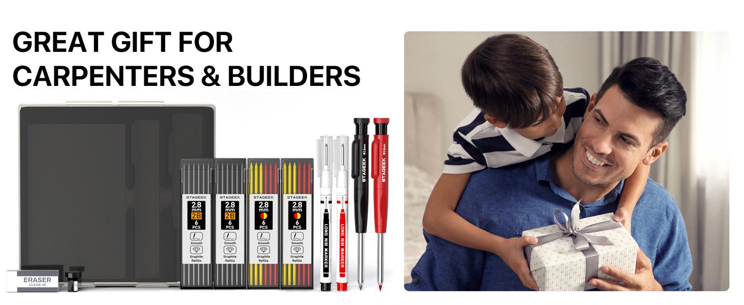 Woodworking pencil with sharpener, 2.8mm mechanical pencil set, includes 26 refills, waterproof deep-hole long-tip marking pencil, suitable for architect marking, heavy-duty woodworking tool, suitable for construction electricians
