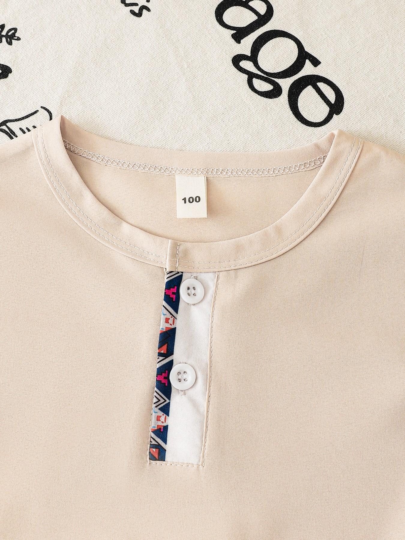 Boys' Summer Classic Fashion Set, Button Half-Open Crew Neck Short Sleeve Top & Geometric Pattern Shorts, Breathable 2-Piece