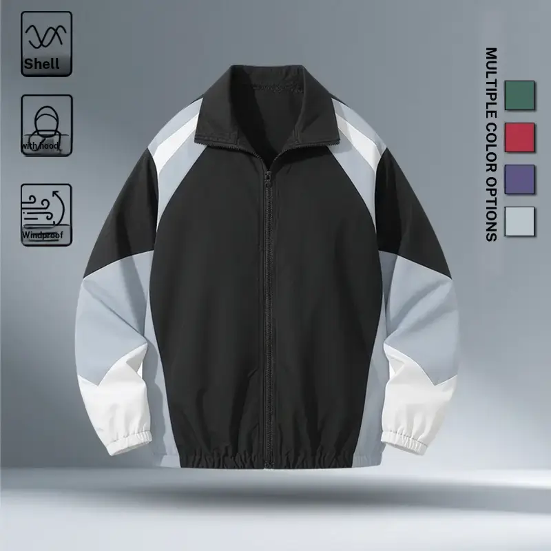 Men Multi Color Block Raglan Stand Collar Windproof Jacket, Built in Hidden Attached Hood Full Zip Wind Coat, Elastic Cuff & Hem Color Spliced Outerwear for Street Sports Daily Outfits, 5 Color Options