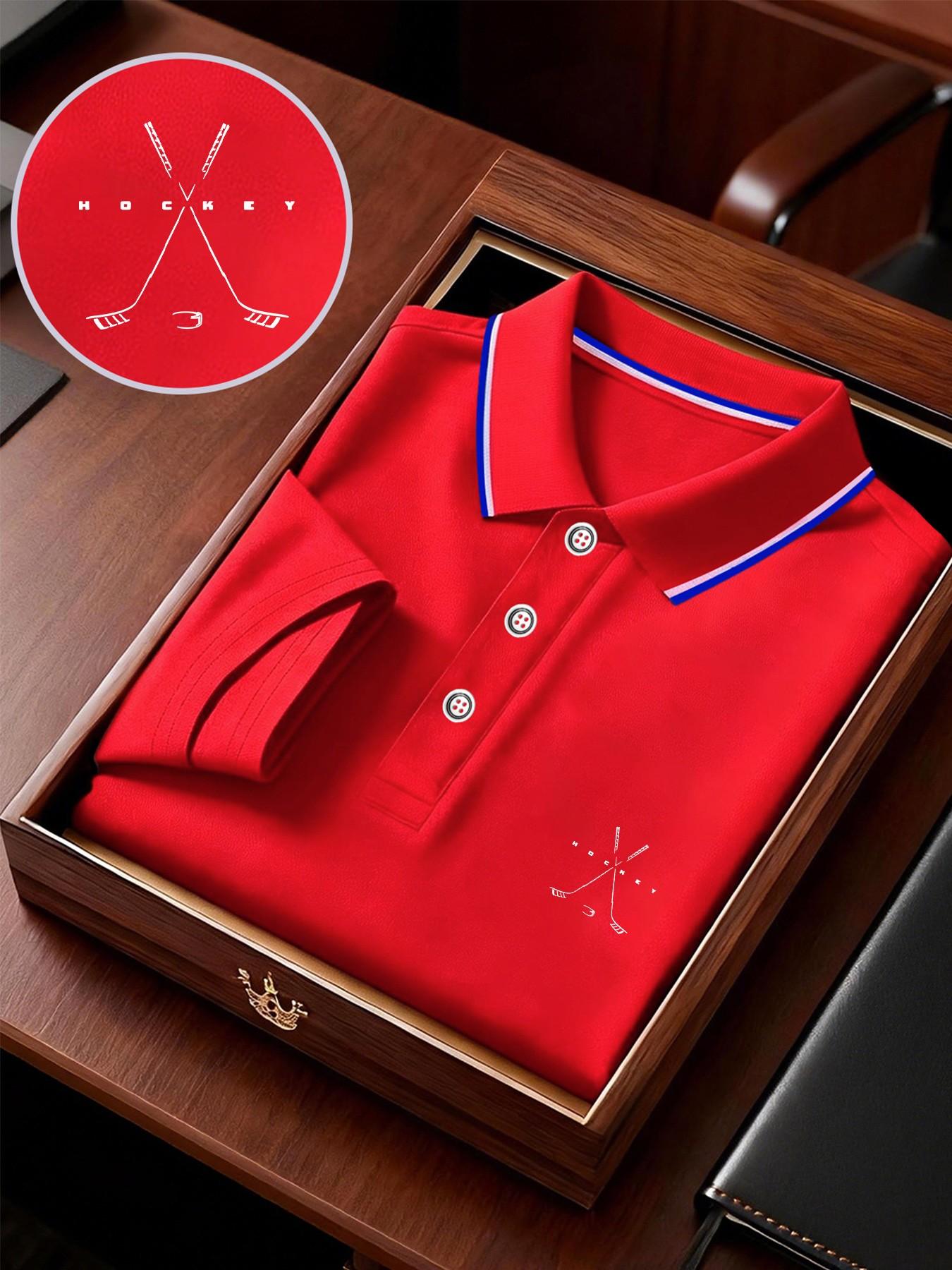 Men's Ice Hockey Print Polo Shirt, Loose-Fit Business T-Shirt, Short Sleeve, Breathable Fabric, Ideal for Outdoor Activities, Gift Option