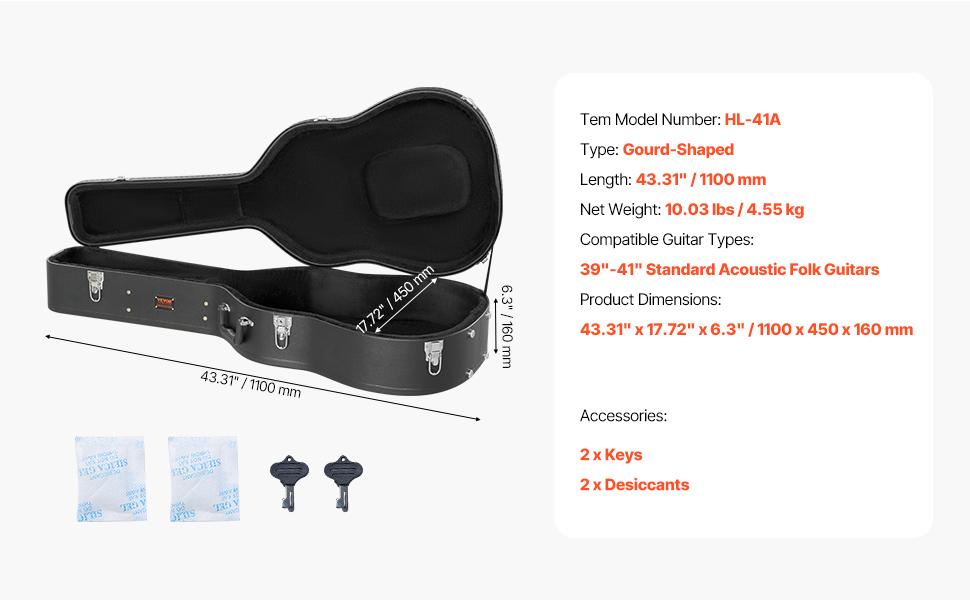 VEVOR Acoustic Guitar Hard Case, 43.31 in Gourd-Shaped Guitar Hard Case, With Lock Latch Key Handle, PVC Padding Soft Lining Water-Resistant Hard Shell Guitar Case, for 39-41 in Acoustic Guitar, Black